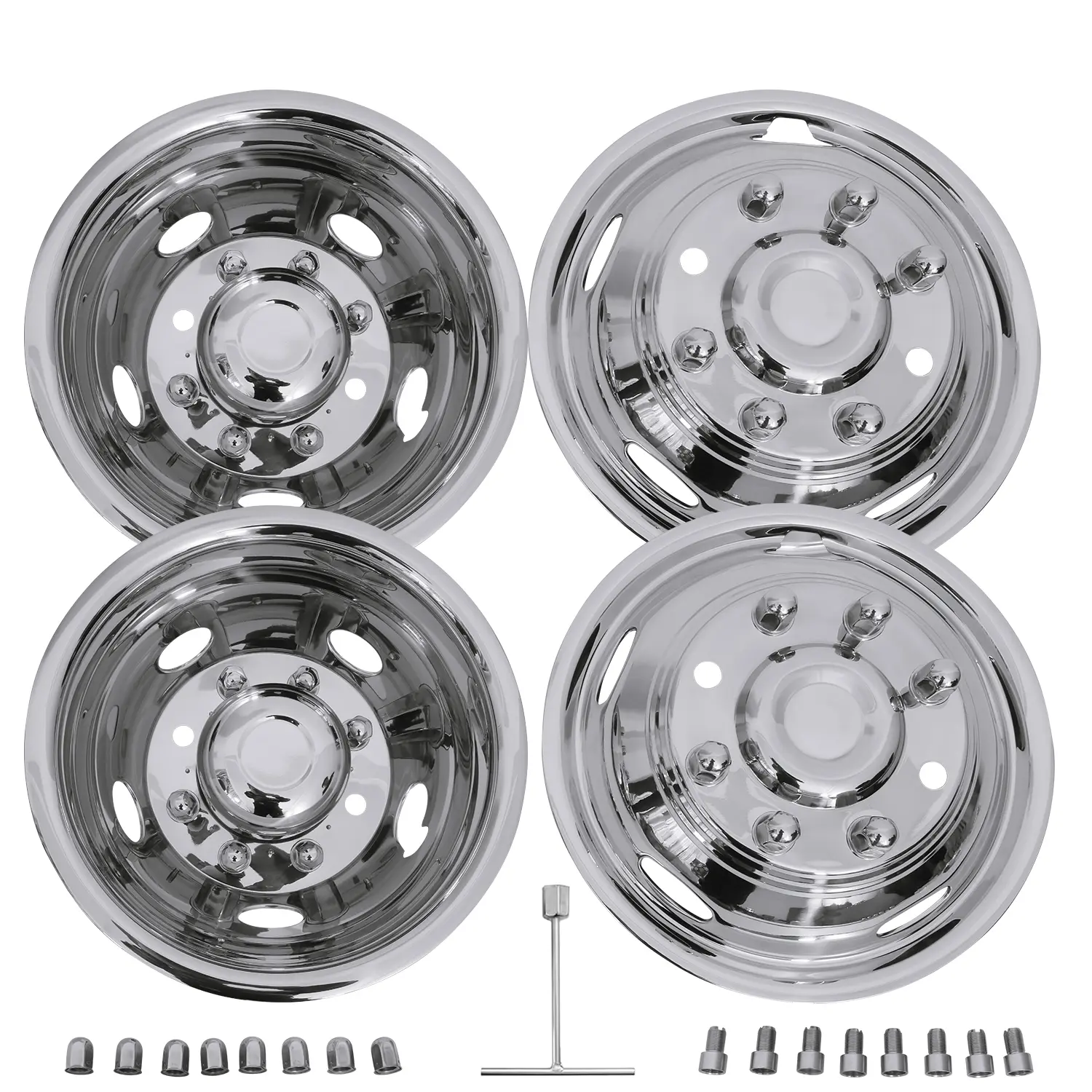 4 PCS 17" Polished Stainless Dually Wheel Simulators, 8 Lugs 5 Hand Holes Stainless Steel Wheel Simulators for 2011-2021 Chevy Silverado & GMC 3500 Dually Wheel Cover HubCaps Replacement