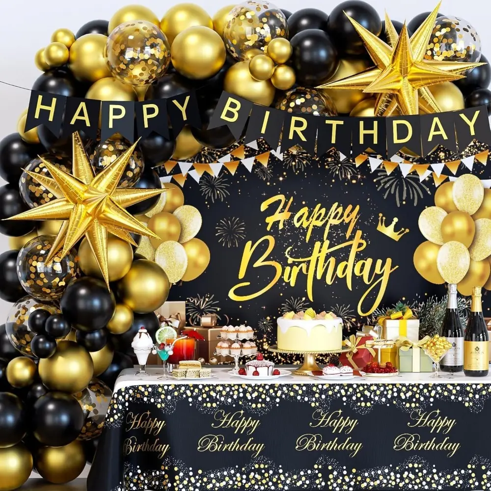 Black & Metallic Gold 71-Piece Decorative 90th Birthday Party Decoration Supplies Kit for Men - Includes Wall Backdrop, Tablecloth, Gold Foil Balloons, Banner, Customized Balloon Garland, 71 Pieces