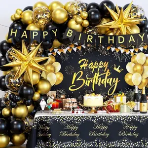 Black and Gold Birthday Party Decorations For Men and Women, 71pcs Set With Backdrop, Tablecloth, Gold Foil Balloons, Banner, Balloon Arch