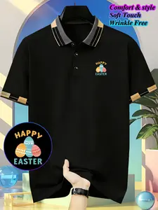 Fashion Casual Summer Short Sleeve Polo Shirt, Easter Print Outdoor Running Golf Collar, Button Front, Breathable Polyester Fabric