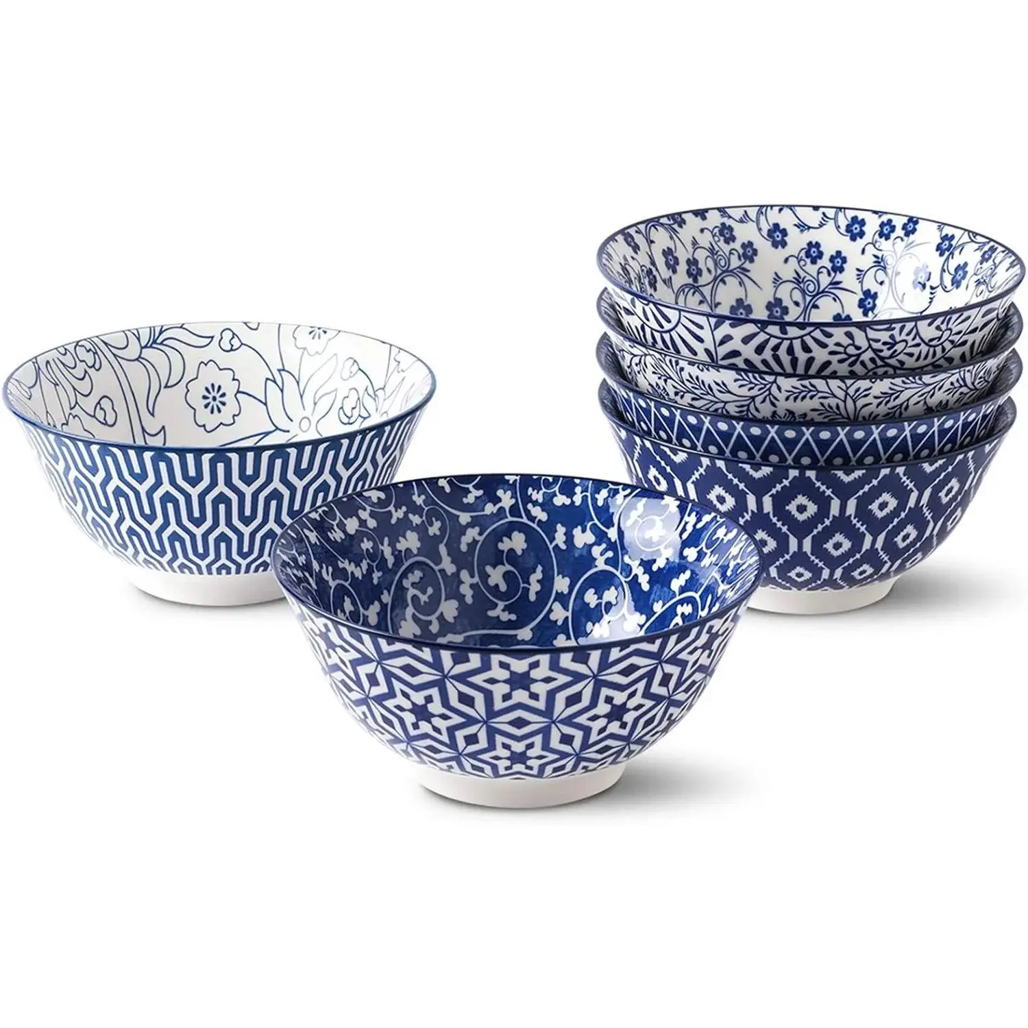 Blue and White Porcelain 20oz Cereal Bowl Set - Set of 6, 6 inch Soup Bowls, Ceramic bowls for Cereal, Soup, Salad and Pasta, Vintage Blue