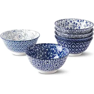 Blue and White Porcelain 20oz Cereal Bowl Set - Set of 6, 6 inch Soup Bowls, Ceramic bowls for Cereal, Soup, Salad and Pasta, Vintage Blue