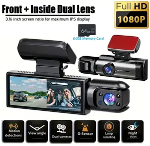 Hikity Front & Rear Dash cam, 1 Count Dash Camera for Car, Wide Angle Car Driving Recorder with IR Night-Vision G Sensor, 3.16 Inch IPS Screen 1080P HD Camera with Dual Lens + 64GB Card Father's Day Gifts