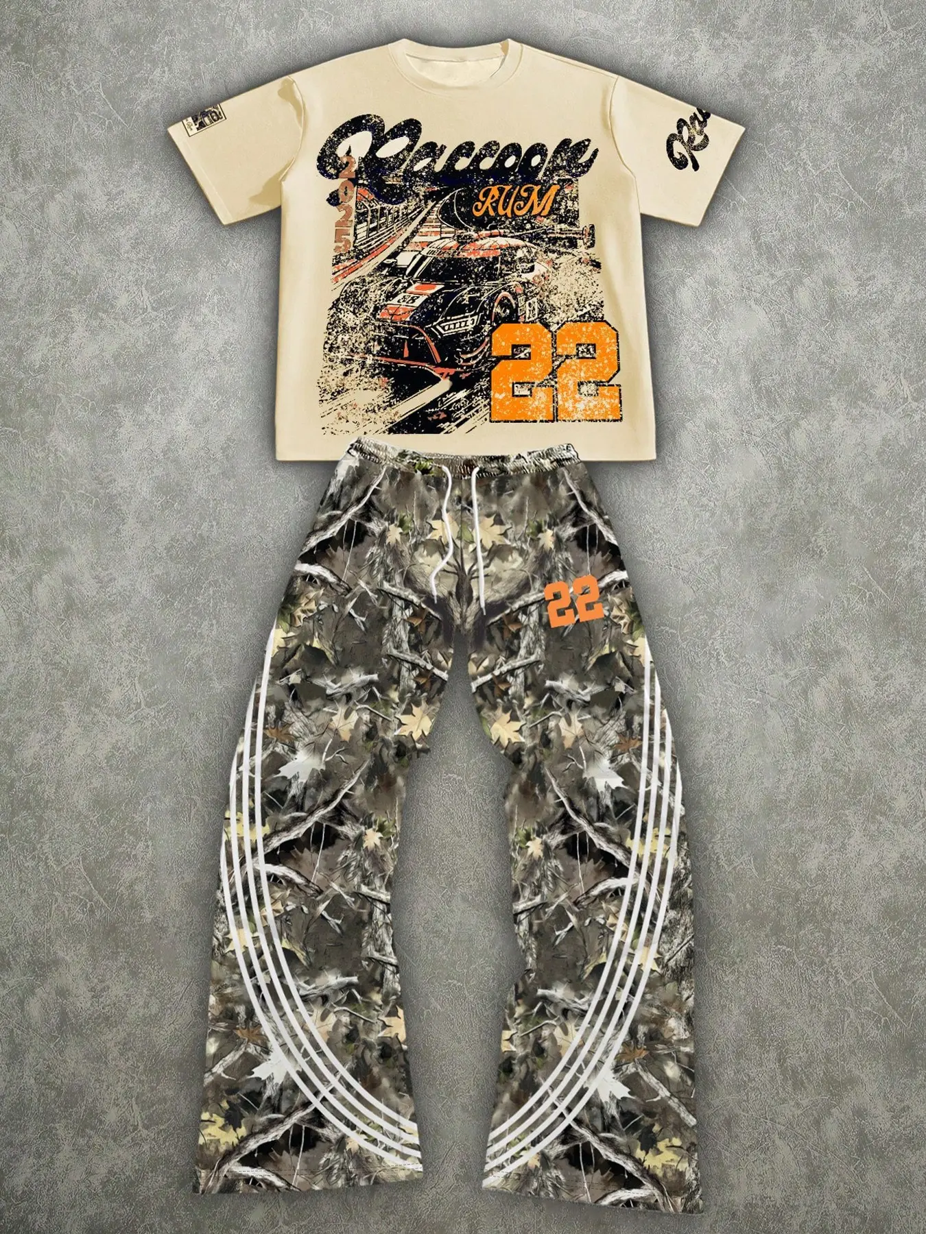 Men's Vintage Racing 2-Piece Outfit Raccoon Rum Race Car Graphic T-Shirt and RealTree Camo Baggy Pants Breathable Loose Fit Streetwear Set for Casual Outdoor Menswear