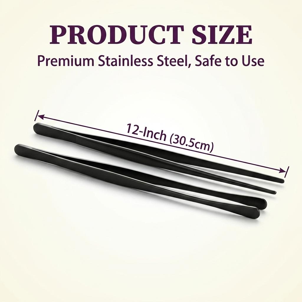 Kitchen Tweezers Tongs Set - 2-Pcs 12-Inch Stainless Steel Black Kitchen Utensils with Anti-Slip Serrated Grip, Precision Tips for Food Preparation, Barbecue