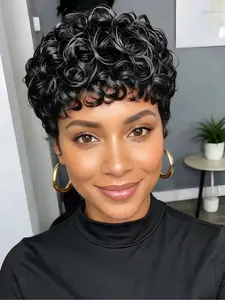 Natural Black Color Wave Pixie Wig With Curls Wig Full Machine Made Pixe Cut Human Hair Wig For Women
