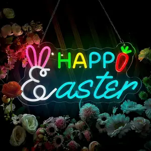 Happy Easter Neon Sign, USB Powered Neon Sign with Rabbit Ears and Carrot, Dimmable LED Wall Decor for Home, Party or Garden