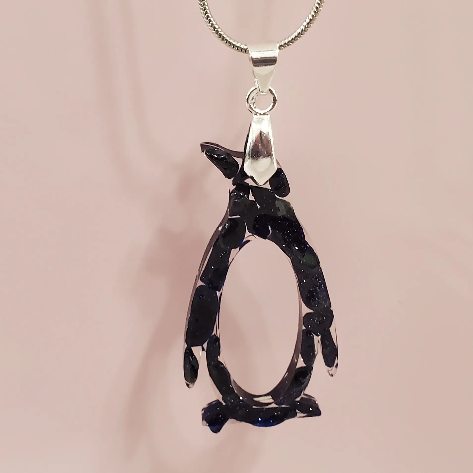 BB&M Blue Goldstone Penguin Pendant, 20 in silver chain