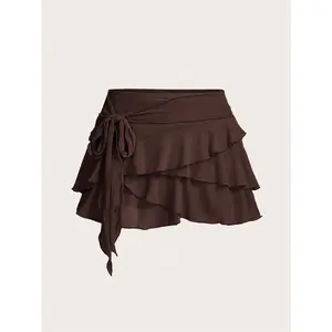 Women's Multi-Layer Ruffle Trim Low Rise Y2K Mini Black Skirt