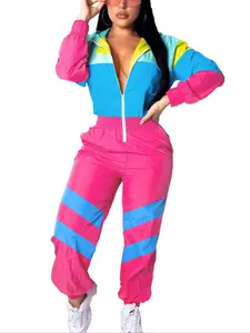 halloween costume ideas Women's Colorblock Sporty Hooded Windbreaker Jumpsuit Outfit, Casual Fitted Spring, Lightweight Thin Fabric, Zipper Pocket Design, Womenswear