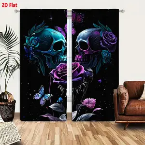 2D Flat 2 Piece Gothic Romantic Skull Curtains Set, Home Decoration Curtain, Turquoise Purple Glowing Skulls with Neon Roses Leaves Sparkles on Starry Black Background, Iridescent Gothic Decor for Bedroom Living Room, Dark Surreal Window Drapes
