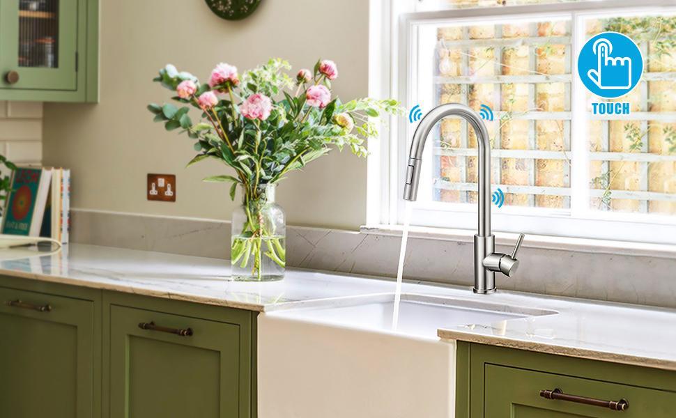 Touch Sensor Kitchen Faucet, Pull-Out Sprayer Sink Faucet, 2 Spray Modes, Stainless Steel Single-Handle Mixer with 360° Swivel Function