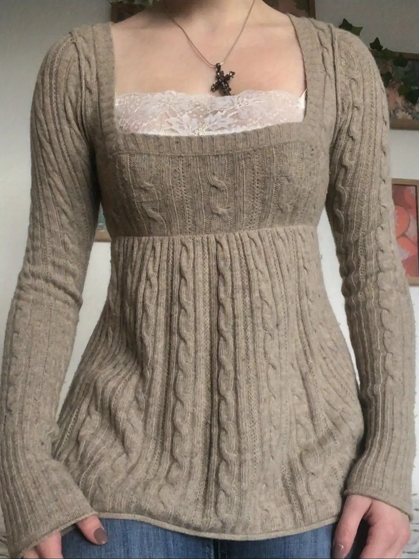 Women's Vintage Cable Knit Empire Waist Tunic, Cute Long Sleeve Square Neck Fitted Knitted Sweater Pullover for Casual Date Daily Wear, Ladies Fall & Winter Clothes, Fitted Knit Top, Knitwear
