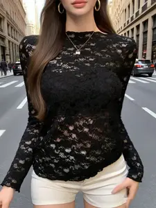 Women's Lace Transparent Long Sleeve T-Shirt Top, Classic Style, Fitted Plain Design, Summer Fashion, Moderate Fabric Thickness