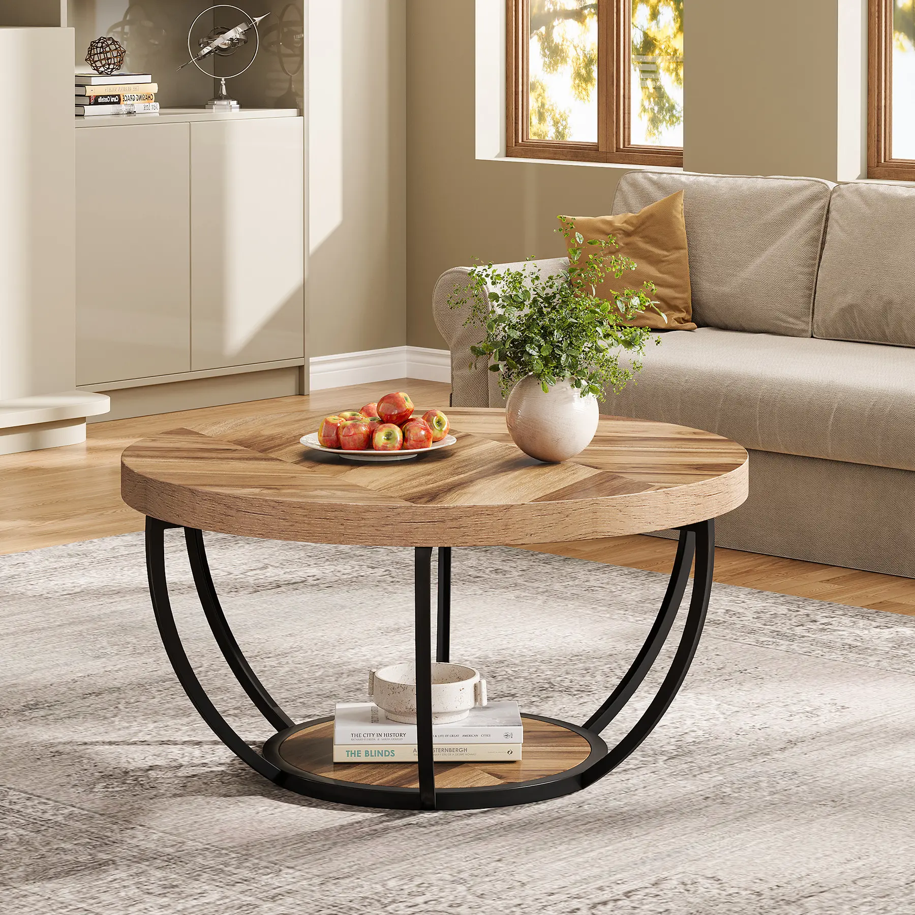 LITTLE TREE  Round Coffee Table 32", 2-Tier Modern Industrial Center Table with Metal Frame & Open Shelf - Living Room Furniture (Wood Grain and Black)