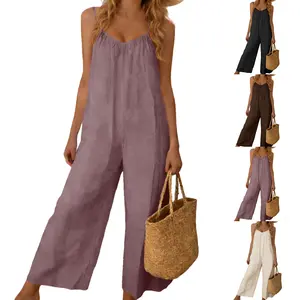 WoodBerry Women's Backless Spaghetti Strap Jumpsuit Summer Sleeveless Tie Back Long Wide Leg Romper with Side Pockets Casual Loungewear Outfit for Beach Vacations