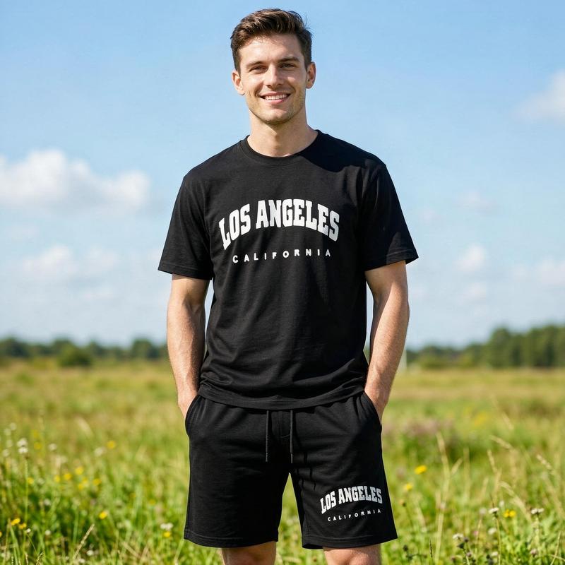Men's 2-Piece Loose Stylish Polyester T-Shirt & Shorts Set, Oversized Crew Neck Short Sleeve City Print Casual Streetwear Menswear