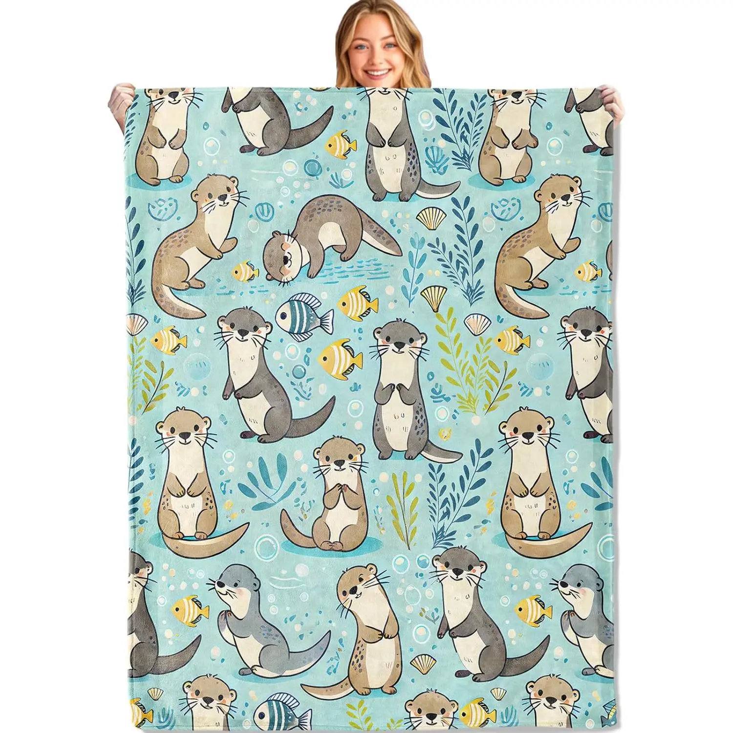 Cute Otter Throw Blanket - 50x60in,Ultra Soft, Cozy Lightweight Flannel,Sea Otters Ocean Blankets - Gifts for Kids & Nature Lovers,for Couch Travel,Home Living Room Decor
