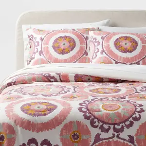 Full/Queen Boho Suzani Print Comforter and Sham Set Ivory/Salmon Orange/Plum