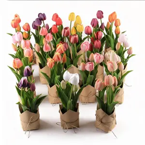 2 Pots 5 Stems Leather Paper Tulips Satin Realistic Flowers Gradient No Odor 8 Leaves 5 Flowers Home Wedding Festival Decoration