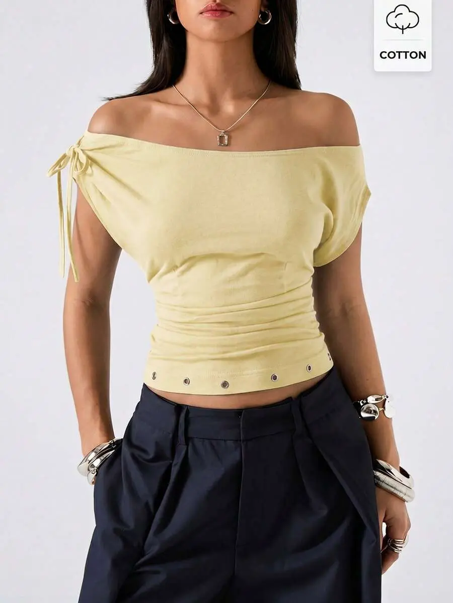 [FREE SHIPPING] 2026 New Minimalist Sexy Spring Women's Casual Off-Shoulder Cinched Waist T-Shirt, Summer Top Date Night Night Out Pale Yellow