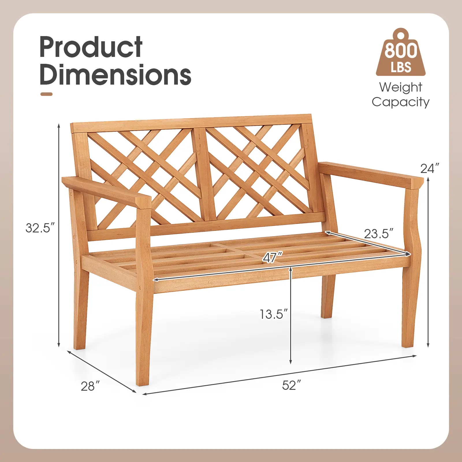 COSTWAY - Outdoor Garden Bench 2-Person Teak Wood Bench with Comfy Armrests and Backrest