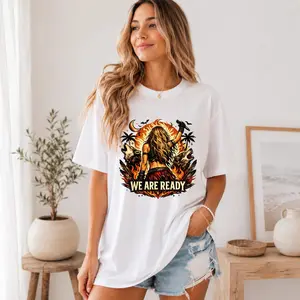 NO BRANDE Women's Relaxed Fit Cotton Graphic Tee, Casual Short Sleeve Festival Top with "We Are Ready" Wolf and Flame Art
