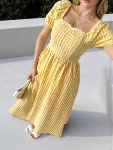 Summer Vacation Yellow-White Gingham Square Neck Puff Sleeve Midi Dress Vintage Sweet American Yellow Gingham Waist-Cinched Midi Dress Light French Casual Yellow-White Gingham Square Neck Midi Dress