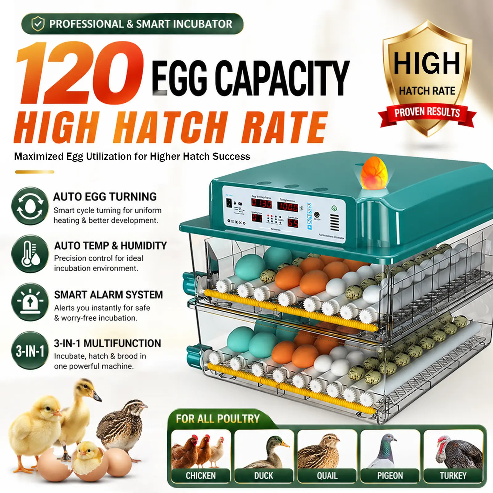 2026 Upgraded 120-Egg Automatic Incubator with Smart Temp Control & Auto Egg Turner for Chickens, Ducks, Geese & Quails - High Hatching Rate Guaranteed