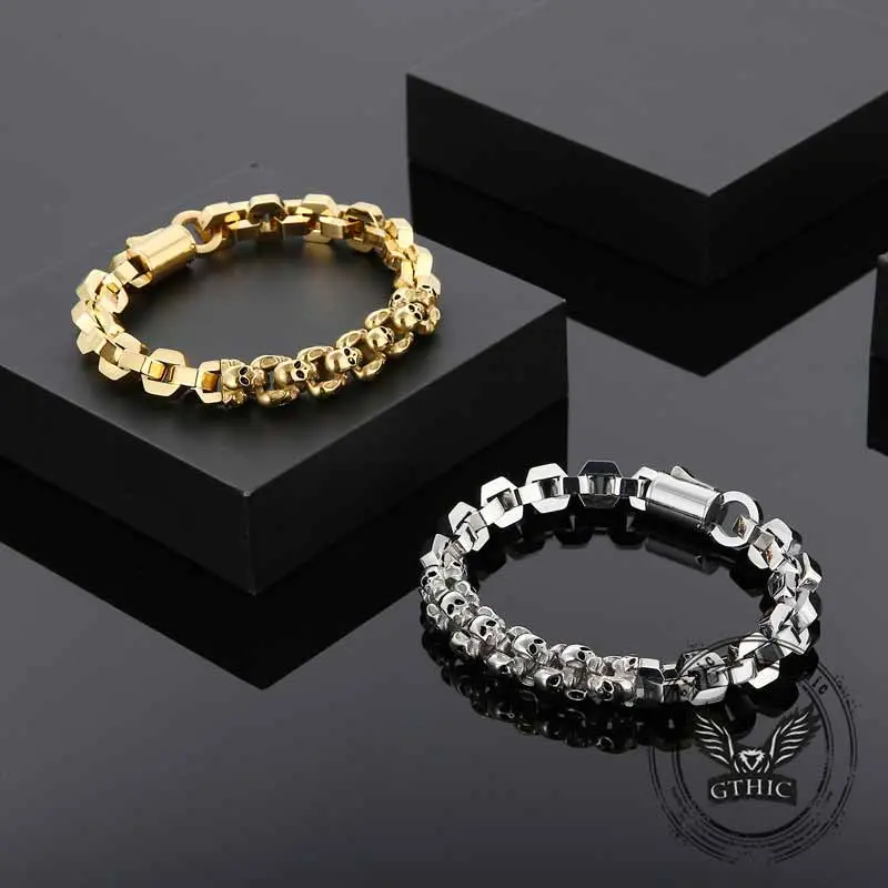GTHIC Punk Multi-Skull Spliced Stainless Steel Bracelet Trendy Skull-Inspired Statement Jewelry for Men Women Daily or Event Looks