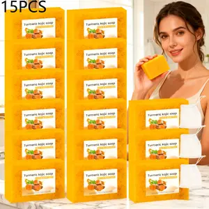 15-Piece Turmeric Kojic Acid Foaming Cleansing Soap Set–Infused with lemon extract &vitamin E,handcrafted with care.Alcohol-free,suitable for various skin types,ideal for both facial and body cleansing.Comes with 3 lather nets for richer foam