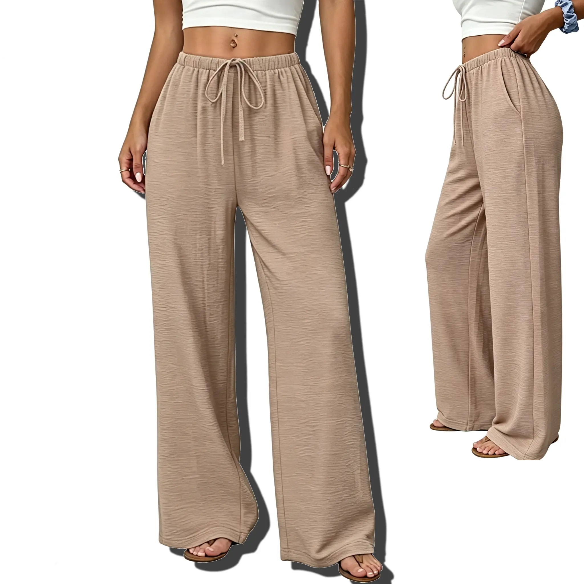 Women's Basic Elastic Waist Drawstring Wide Leg Pants - Summer Lightweight Polyester Full Length Casual Bottoms with Pockets, Flowy Clothes