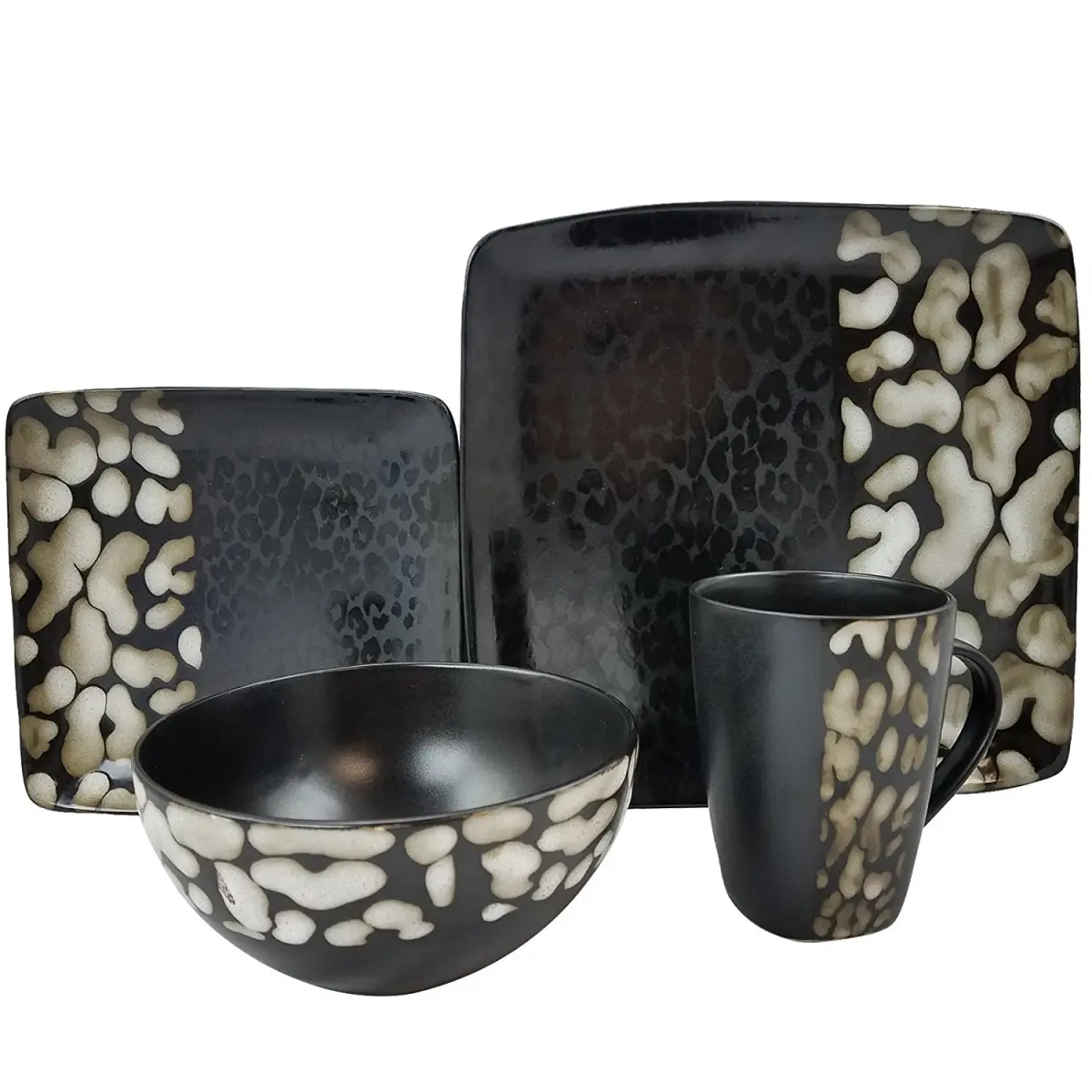 212 MAIN Savannah 16-Piece Animal Print Stoneware Dinner Set Bundle - Adult Kitchen Tableware & Cutlery Set with Animals, Bowls, Mugs, Dishwasher-Safe, Microwave-Safe for Kitchen Meal Heating Up Meals