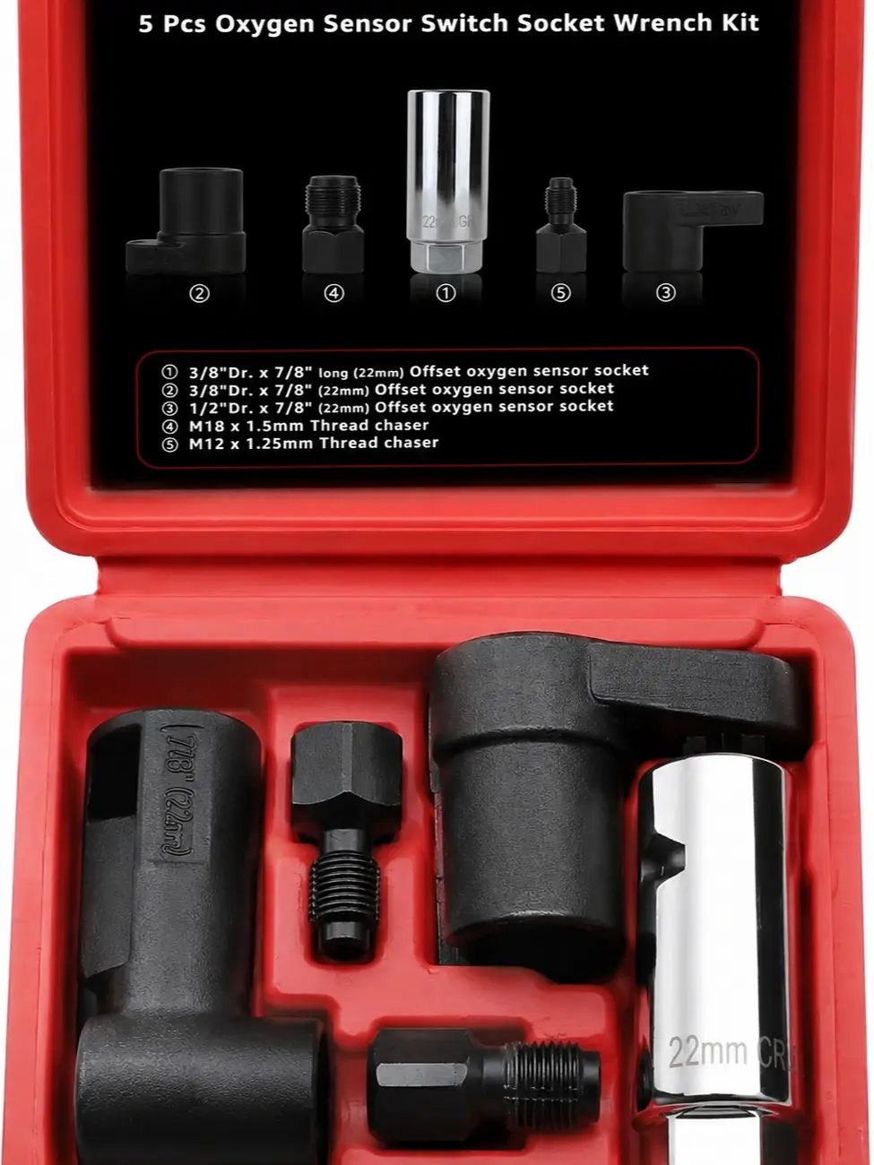 5 Pcs Automotive Oxygen Sensor Socket Wrench Remover tool and Thread Chaser Set
