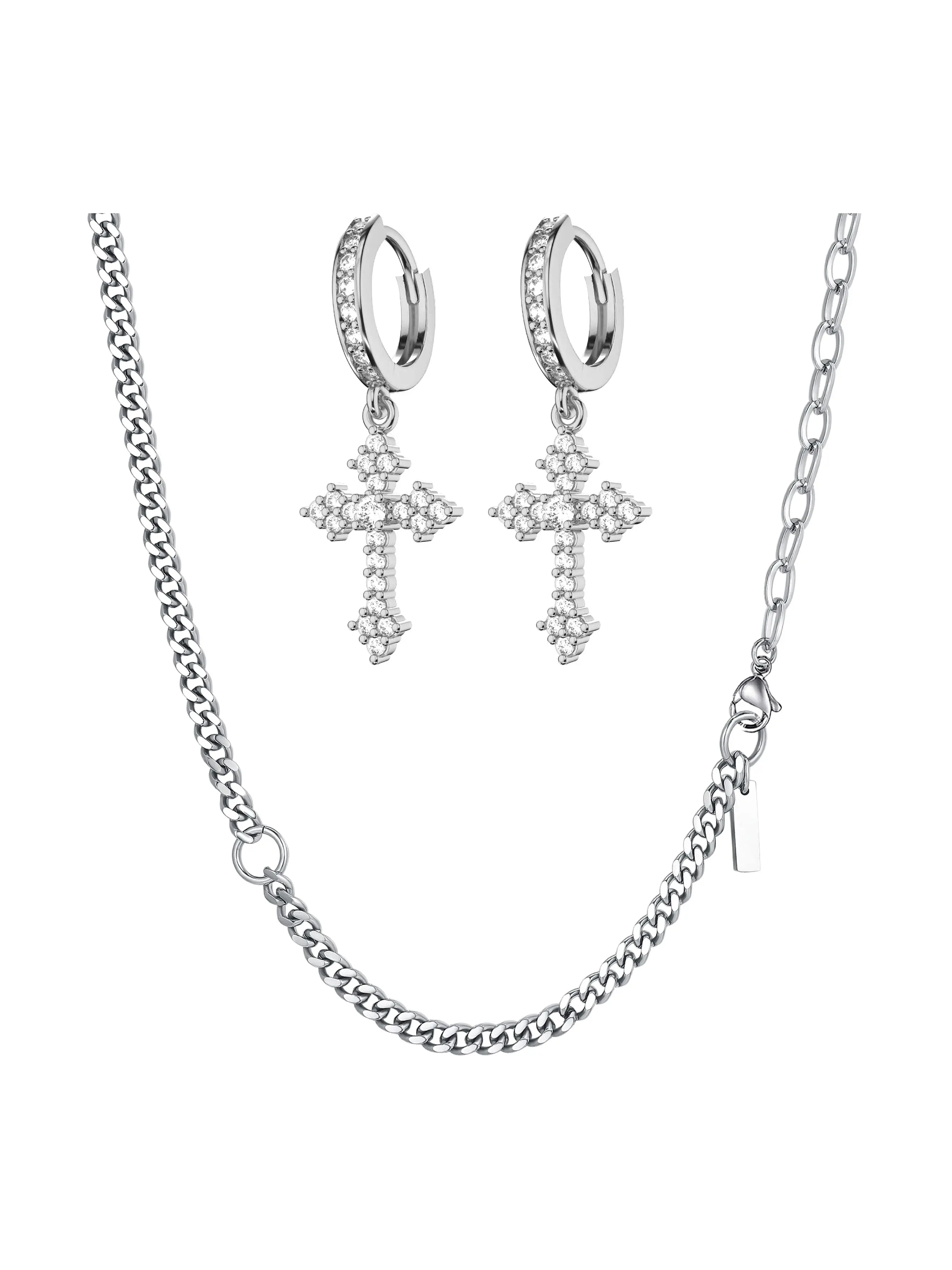 Hip Hop Street Style Cuban Necklace and Cross Earrings Set, Unisex Fashion Jewelry, Perfect Gift for All Occasions