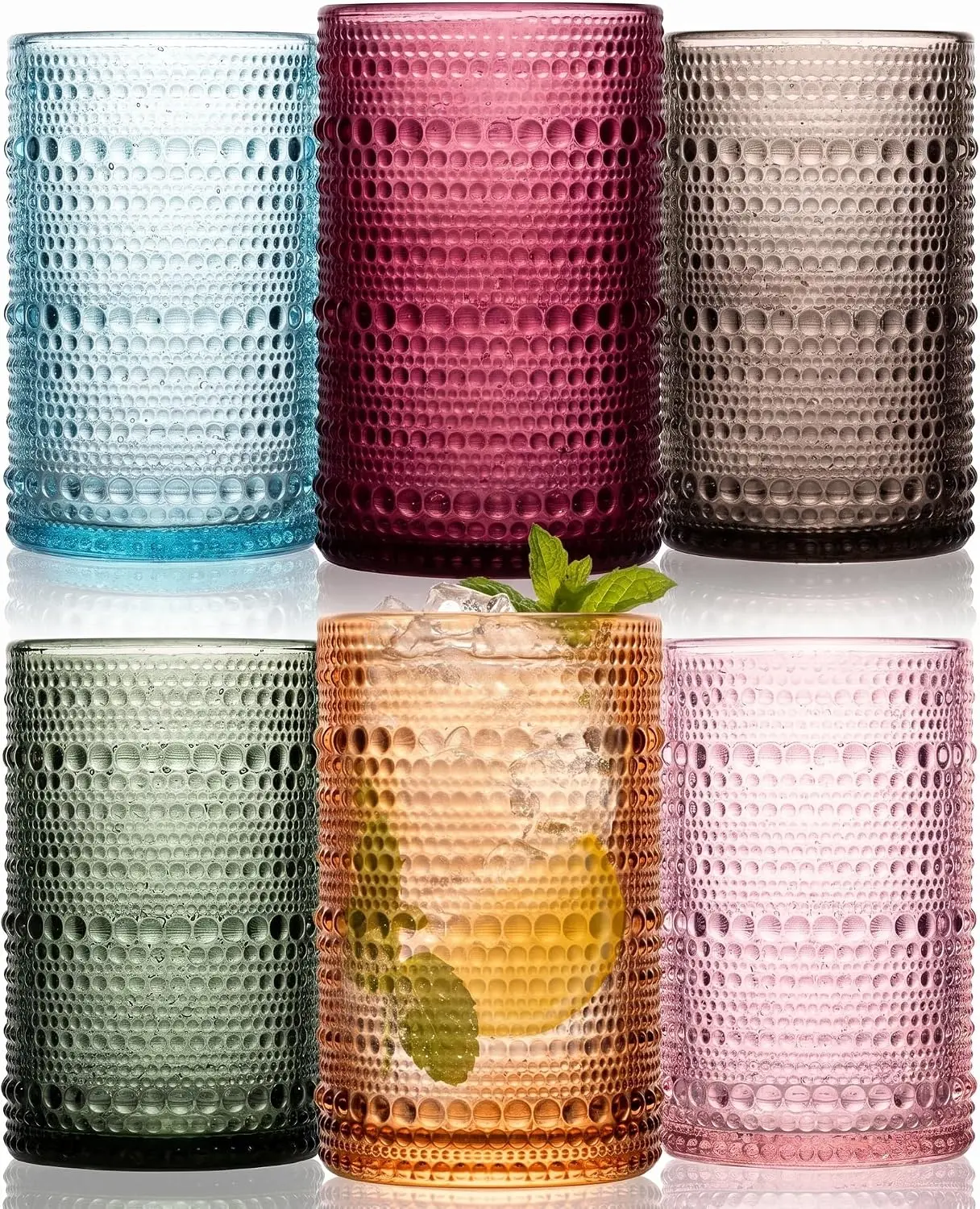 Colored Hobnail Drinking Glasses Set of 12, 13oz Vintage Highball Glasses, Kitchen Glassware, Beaded Glass Cups for Iced Coffee, Cocktail, Beer, Juice, Cocktail, Whiskey, Milk