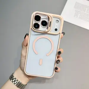 Dopamine Color Magnetic Case with Lens Stand & Camera Protector – Metal + TPU Shockproof Cover for iPhone 12 to 17 Pro Max