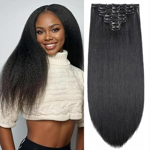 Yaki Seamless Clip in Hair Extensions Synthetic 7Pcs 134g 16 Inch Natural Black Straight Yaki Clips Ins Full Head Synthetic Hair Extensions For Women length instant