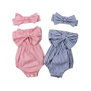 Newborn Baby Girls Bubble Romper Infant Summer Bodysuits Striped Bowknot Strapless  Jumpsuit with Headband #Springtok