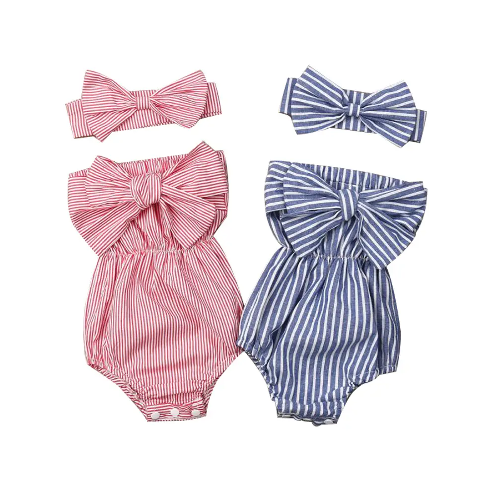 Newborn Baby Girls Bubble Romper Infant Summer Bodysuits Striped Bowknot Strapless Jumpsuit with Headband #Springtok