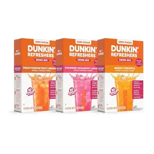 Dunkin’ Zero Sugar Refreshers Singles To Go! Powdered drink mix packets, Strawberry Dragonfruit Lemonade, 10 packets per box , Energy from Green Tea, aspartame-free, no synthetic colors, naturally and artificially flavored, just add water