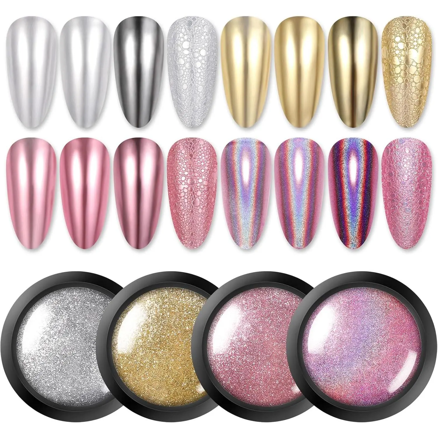Chrome Nail Powder Metallic Mirror Powder Holographic Pigment Powder Manicure Nail Art Decoration Sets Silver Gold Pink Rose Gold 4 Boxes