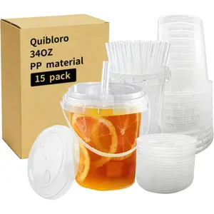 34oz 15pack Jumbo Disposable Plastic Cups with Lids and Straws, Perfect for Lemonade, Iced Coffee & Fruit Drinks at Summer Parties, Beach Picnics & Poolside