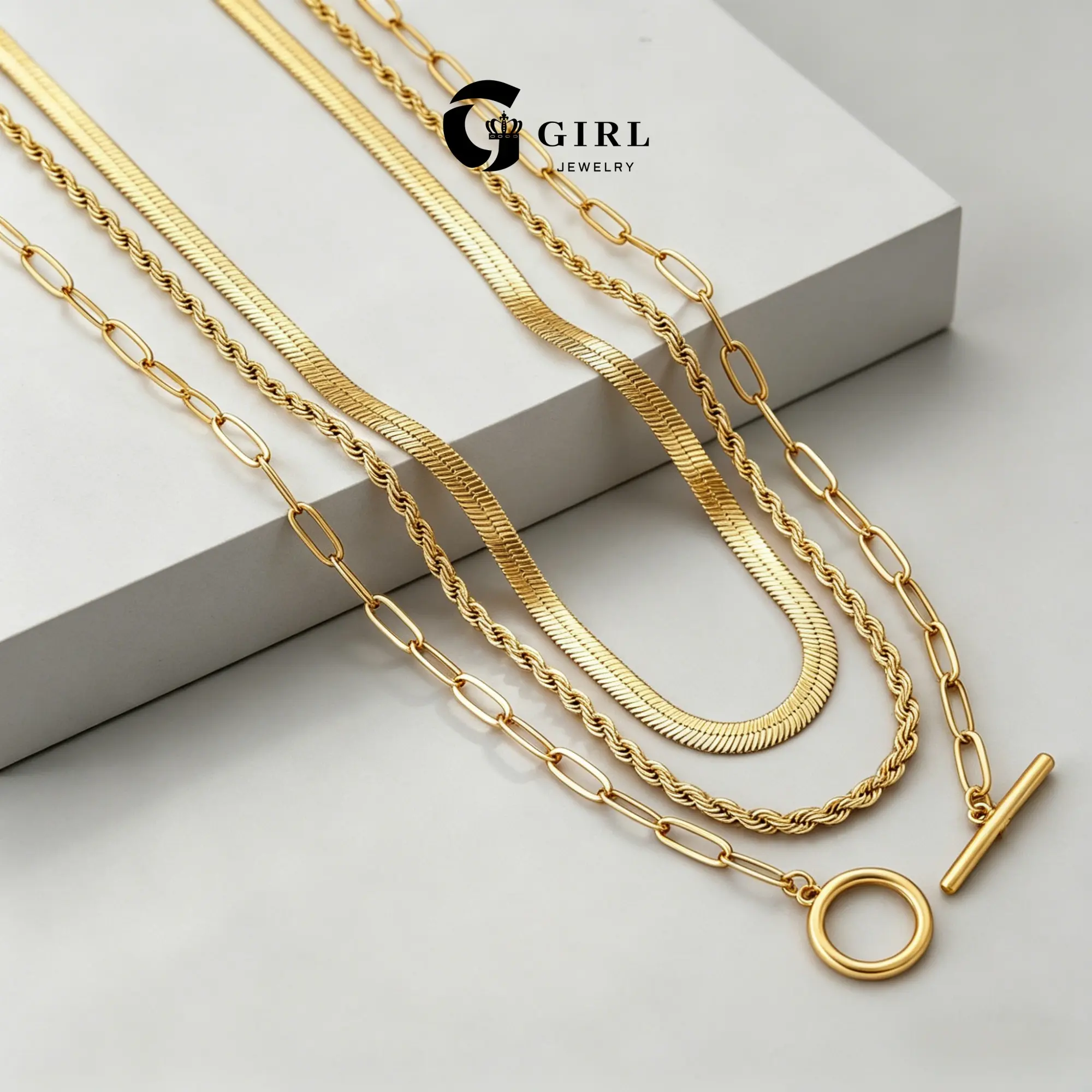 GGIRL 18k Gold-Plated Vintage Multi-Layer Stackable Chain Necklace Set, Featuring A Combination Of Flat Snake-Link, Twisted Rope, And Figure-Eight Chains, With A Minimalist Ot Clasp Design—An Elegant Accessory Perfect For Layering With Any Outfit