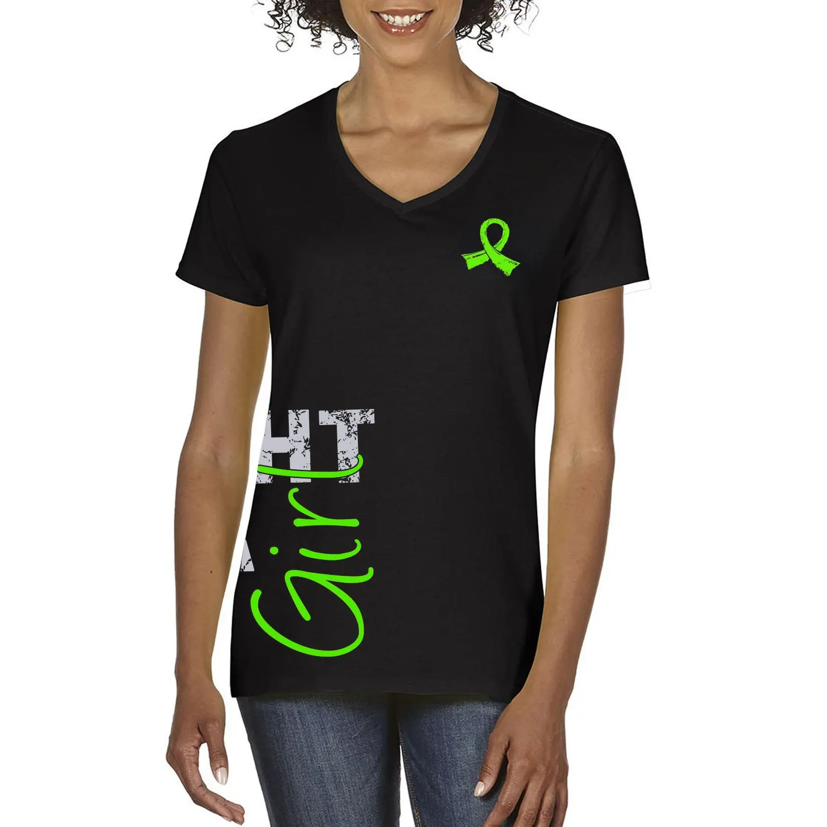 Fight Like a Girl Side Wrap Women's V-Neck T-Shirt - Black w/ Lime Green