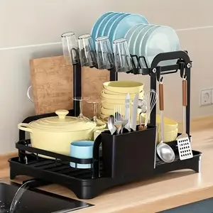 2-Tier Dish Drying Rack with Drainboard, Utensil Holder & Cup Rack, Black Metal Kitchen Counter Organizer for Plates, Bowls, Glasses & Cookware