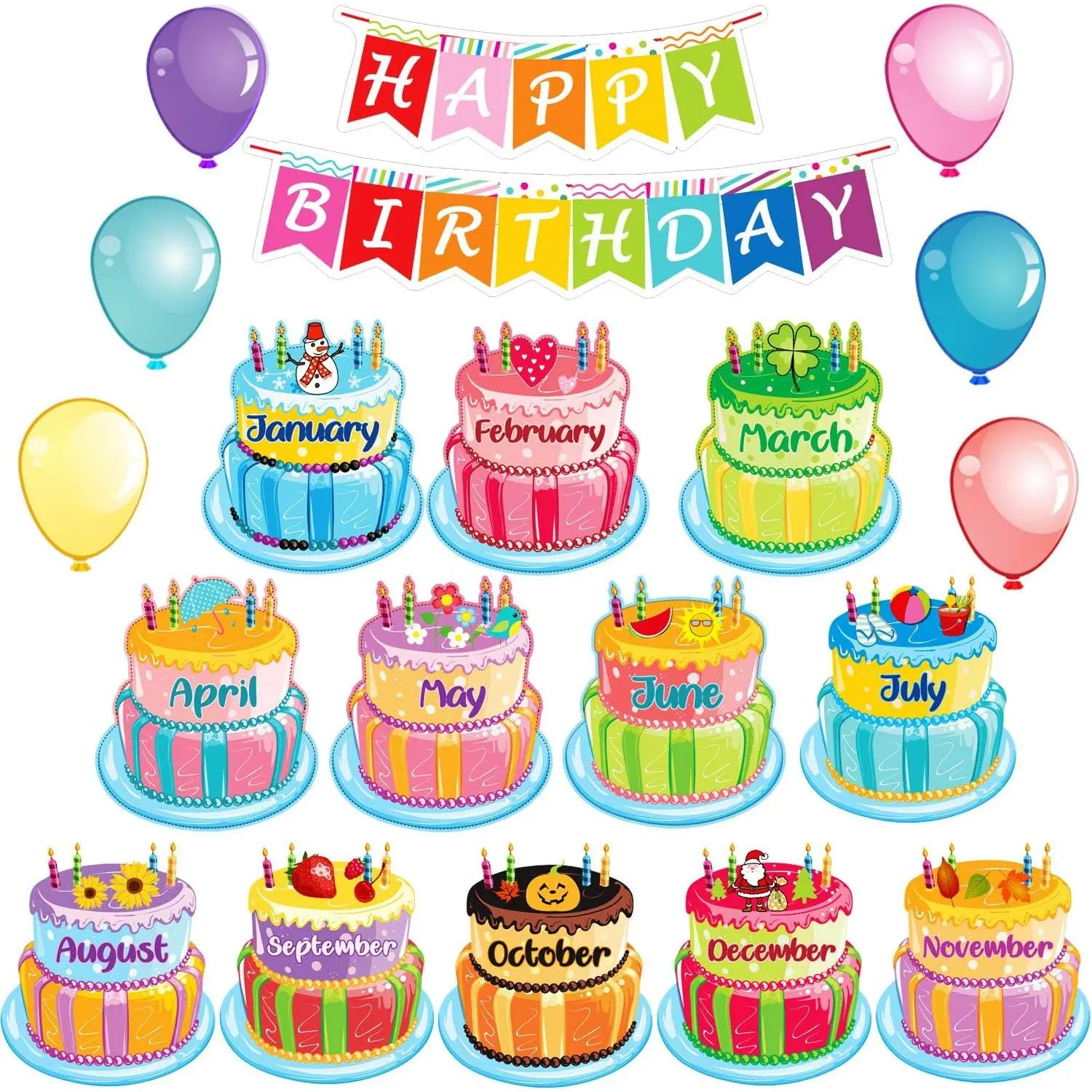 20 Pieces Happy Birthday Bulletin Board Set Classroom Birthday Chart Birthday Wall Decoration Cutouts Birthday Calendar Poster for School Class Bulletin Board Teaching Supply(Bright Style)