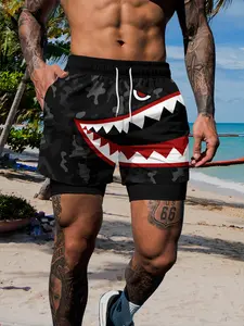 Summer Quick-Dry Breathable Men's Double-Layer Beach Swim Shorts, Anti-See-Through Lining, Shark Mouth Print, Multi-Scene Shorts