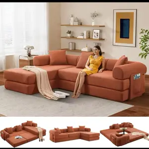 Corduroy L Shaped Modular Sofa Bed with Cylindrical Pillow & Reversible Chaise Corduroy Folding Floor Convertible Sofa Couch Bed
