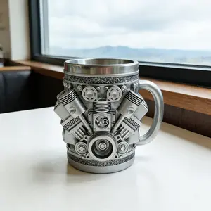 Personalized Stainless Steel Mug with V8 Engine Design | 10oz Coffee Mug for Car Guys | Unique Gift for Dad